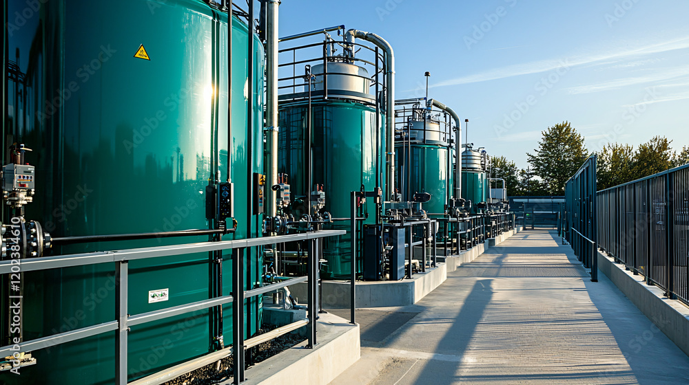 A biogas production plant with a focus on large fermenters and operational control units in a well-maintained industrial area A biogas production plant with a focus on large fermenters and operational control units in a well-maintained industrial area