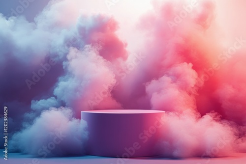 Colorful smoke surrounds a circular platform in a vibrant display at a creati...