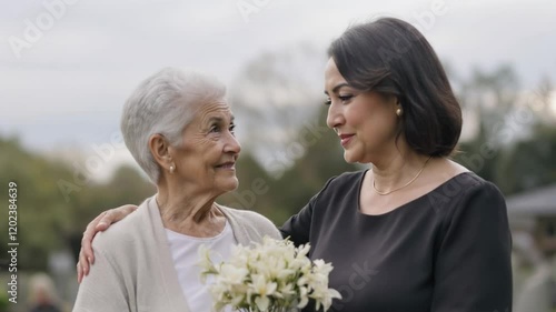 Elderly Mother and Mature Daughter Share a Tender Moment of Remembrance at a Cemetery