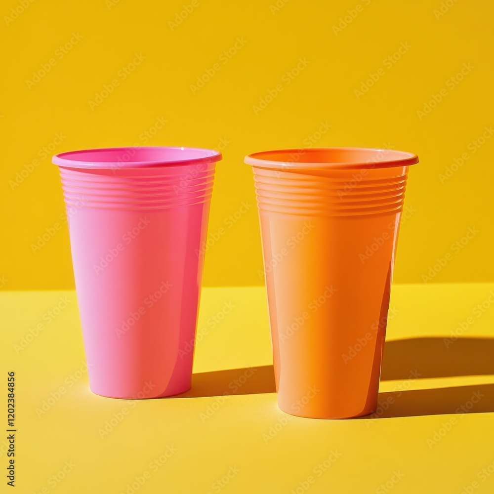Three plastic cups with orange and pink drinks on a yellow background Three plastic cups with orange and pink drinks on a yellow background