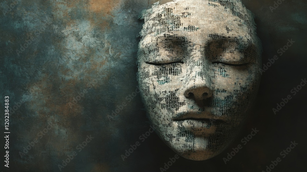 Technology meets AI with binary code and a conceptual 3D-rendered face mask illustration. Technology meets AI with binary code and a conceptual 3D-rendered face mask illustration.