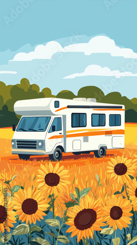 Retro RV Adventure in Sunflower Field: Minimalist Van Life Road Trip Illustration