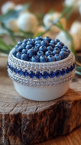 Decorative container with blue beads and crystals surrounded by greenery