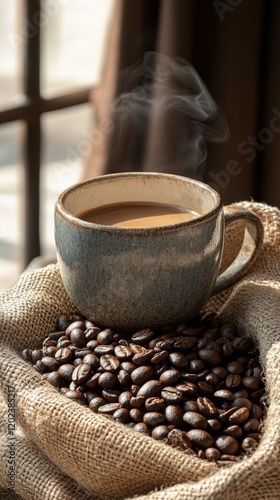 Warm coffee cup next to a sack of steaming coffee beans in a cozy setting