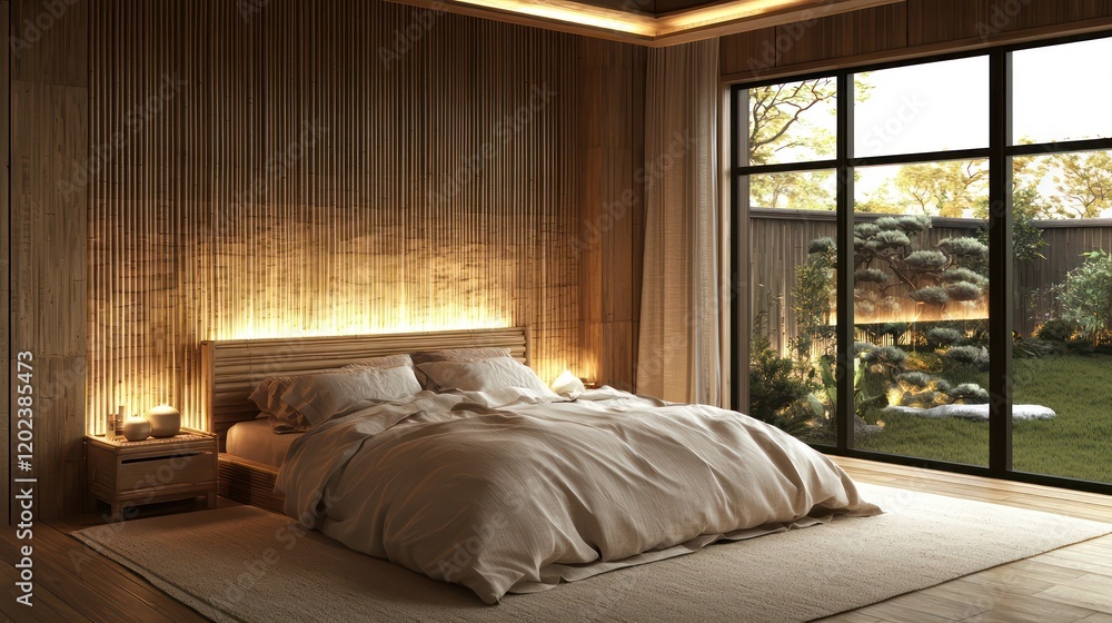 Fototapeta premium zen-like bedroom with bamboo wall panels and soft