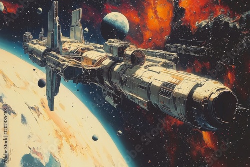 Exploration of outer space with a futuristic spacecraft orbiting a distant moon