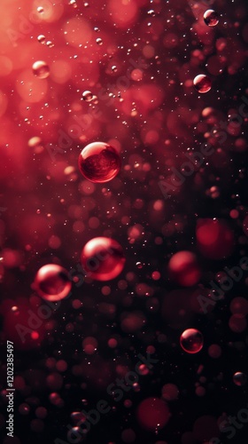 Bubbles floating in a red liquid against a dark background