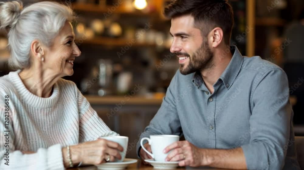 Elderly Mother and Adult Son Enjoying Coffee and Conversation at a Cafe Elderly Mother and Adult Son Enjoying Coffee and Conversation at a Cafe