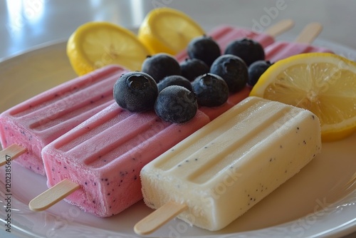 Colorful fruit-flavored frozen treats arranged on a platter with fresh bluebe...
