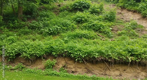 Eroded Hillside with Green Plants and Exposed Soil