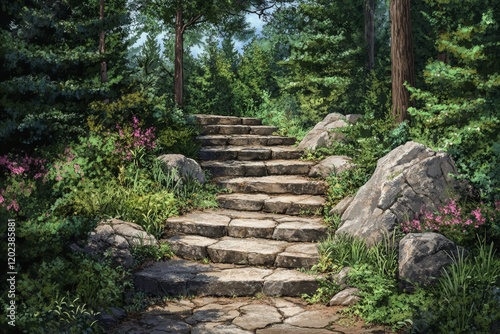 Stone staircase leading through a lush forest at twilight