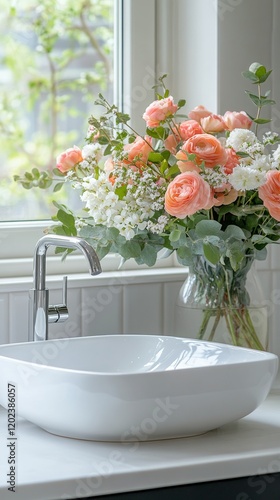 Elegant bathroom with a modern sink and vibrant floral arrangement beside it
