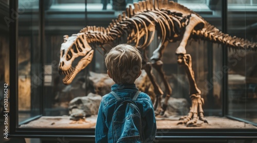 Fototapeta Naklejka Na Ścianę i Meble -  Child looking at dinosaur skeleton in paleontology museum