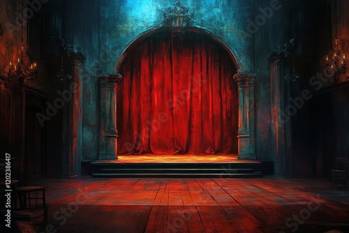Red curtains parting to reveal a dimly lit stage in a theater setting during ...