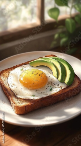 Sliced avocado on toasted bread with a fried egg in bright morning light
