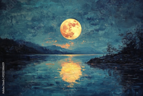 Stunning full moon reflection over a calm lake at dusk with surrounding mount...