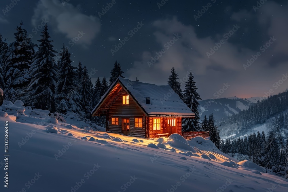 Fototapeta premium Cozy wooden cabin on snowy hill, surrounded by pine trees, with view of snow-capped hills under starlit sky, Cozy cabin nestled among snowy hills