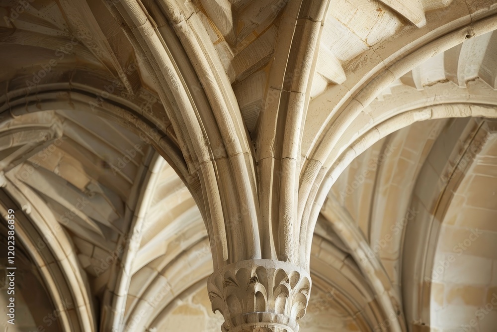 Close-up of intricate stone arches in a historic building, highlighting detailed craftsmanship, Capture the intricate details of pointed arches and ribbed vaults