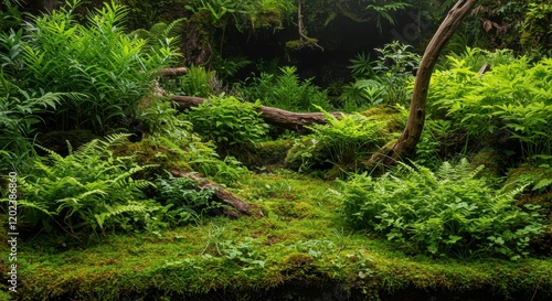 Lush Green Forest Floor with Ferns, Moss and Fallen Branches