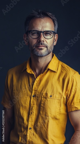 Confident man with glasses wearing an orange shirt poses against a dark backg...