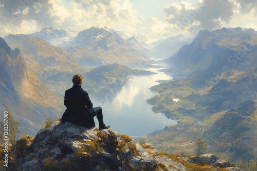 Man sitting on a rock overlooking a serene lake and majestic mountains at dusk