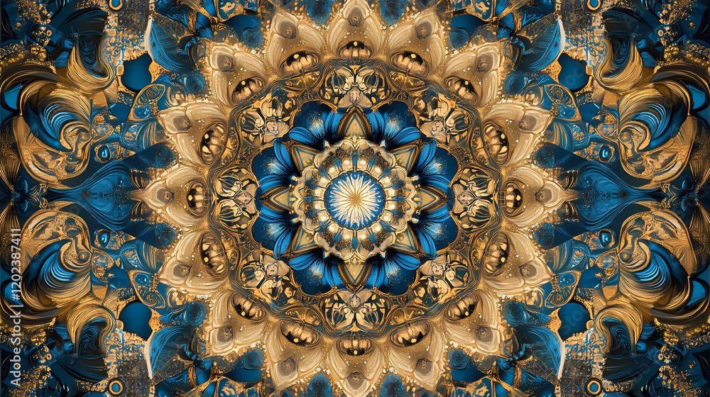 A detailed intricate mandala pattern with gold and blue hues. Intricate Mandala Pattern. Illustration A detailed intricate mandala pattern with gold and blue hues. Intricate Mandala Pattern. Illustration