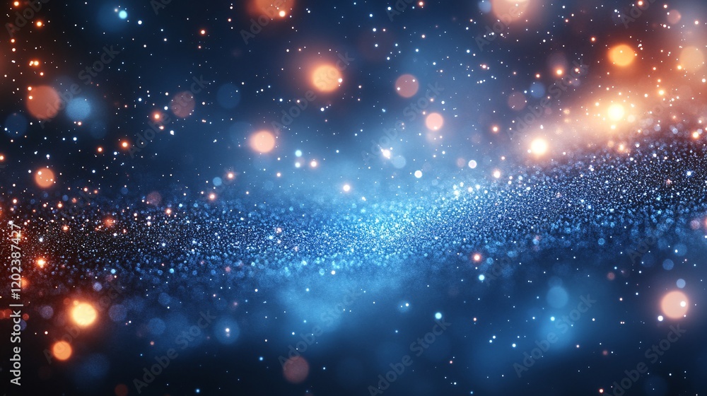 Blue and gold glowing glittering particles on dark background with dust bokeh effect Blue and gold glowing glittering particles on dark background with dust bokeh effect