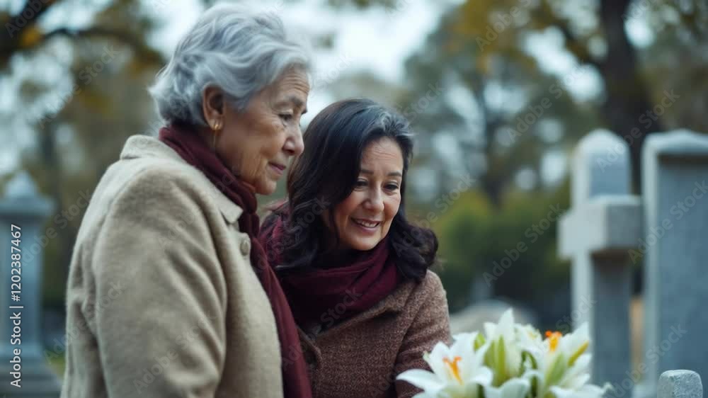 Elderly Mother and Mature Daughter Visit Cemetery with Flowers