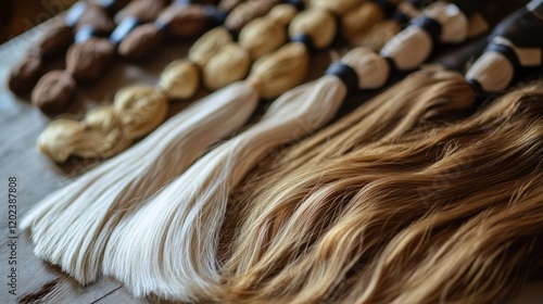 Blonde, brown, and white hair extensions on a wooden table.  Use Hair salon advertisement