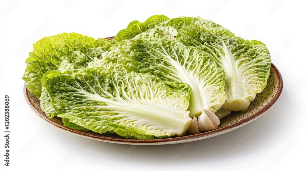 Chinese cabbage with oyster sauce and garlic on a plate on a white background Chinese cabbage with oyster sauce and garlic on a plate on a white background
