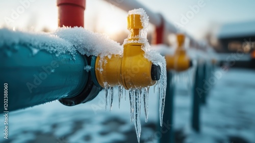 An image of frozen pipes covered in icy formations highlights the brutal beauty of winter's chill, showcasing the contrast between machinery and nature's artistry. photo