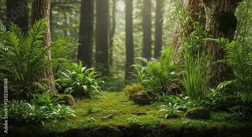 Lush Green Forest with Ferns and Moss Covered Ground
