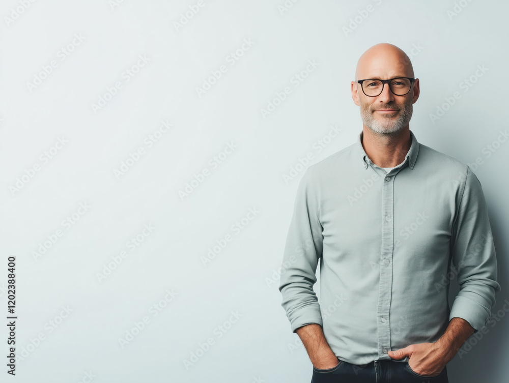 Fototapeta premium Bald Man with Glasses Smiling in Casual Attire Against Light Background