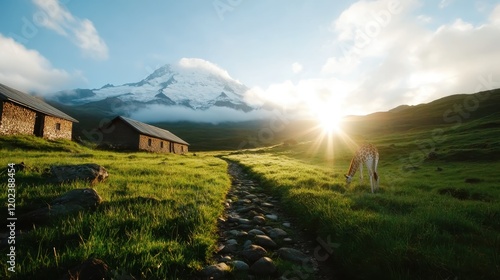 A serene giraffe grazes quietly in a picturesque landscape with a breathtaking mountain view, depicting the tranquil beauty of wildlife in its natural habitat.
