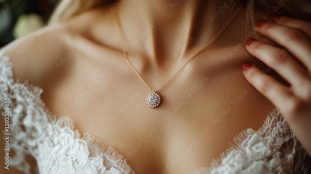 A captivating close-up of a beautiful necklace featuring intricate designs and a shimmering stone, perfectly enhancing the elegance of the model's neckline in a fashion-forward image. A captivating close-up of a beautiful necklace featuring intricate designs and a shimmering stone, perfectly enhancing the elegance of the model's neckline in a fashion-forward image.
