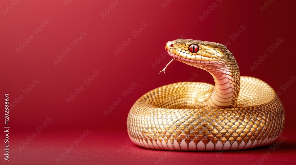 Fototapeta premium Golden Snake Coiled On Red Background
