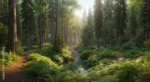 Lush Green Forest Path with Stream and Sunlight Shining Through the Trees