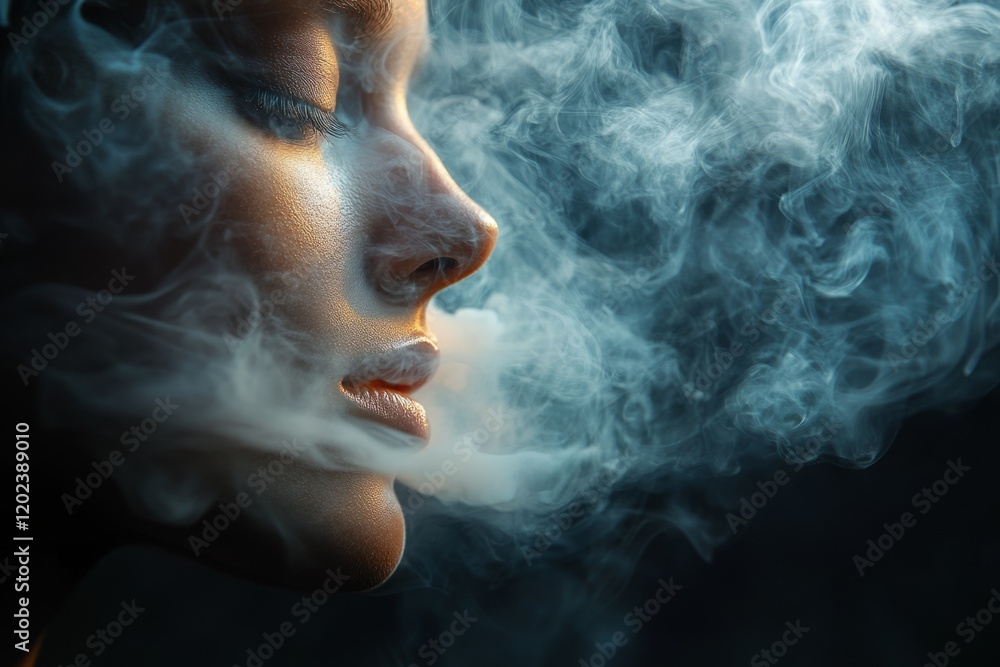 Model exhaling vapor in studio with closed eyes and sensual expression Model exhaling vapor in studio with closed eyes and sensual expression