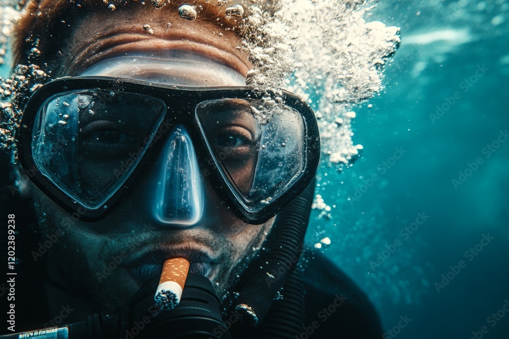 Scuba diver smoking a cigarette underwater, creating a surreal and unhealthy scene Scuba diver smoking a cigarette underwater, creating a surreal and unhealthy scene