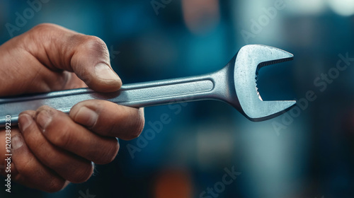 Wallpaper Mural Close-up Hand Holding Wrench in Workshop - A close-up shot of a hand firmly gripping a wrench, symbolizing strength, precision, craftsmanship, repair, and industry. Torontodigital.ca