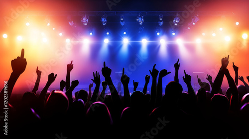 Concert Crowd Energy Stage Lights - Vibrant concert atmosphere, energetic crowd, bright stage lighting, music event, live performance. photo