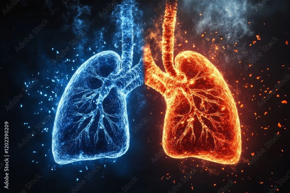Healthy and diseased lungs burning and freezing, representing pneumonia, bronchitis, asthma, and other respiratory illnesses Healthy and diseased lungs burning and freezing, representing pneumonia, bronchitis, asthma, and other respiratory illnesses