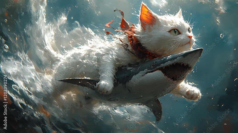 Φωτογραφία White cat riding shark, ocean, fantasy, artwork, illustration