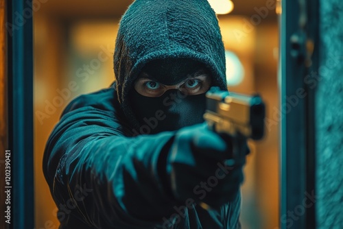Dangerous masked burglar pointing handgun during housebreaking