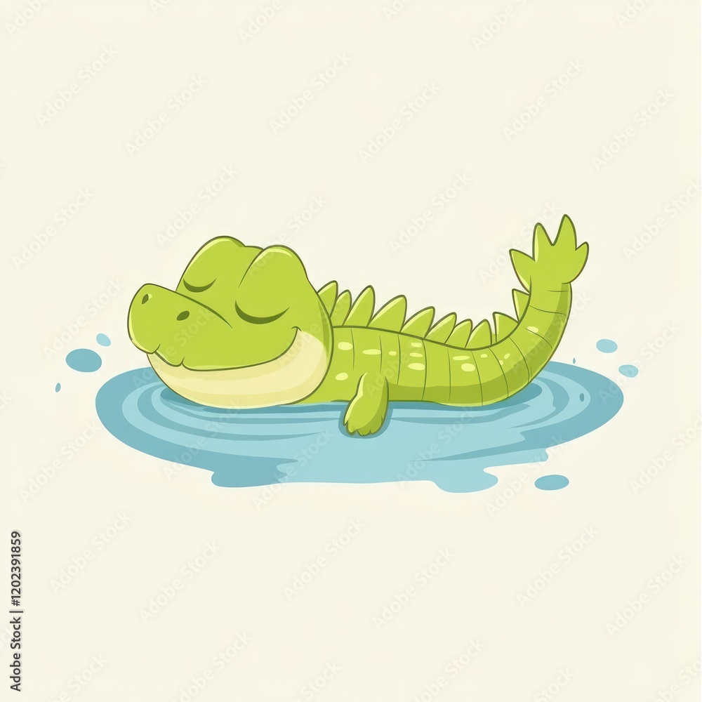 Fototapeta premium Happy crocodile sleeping in water, peaceful scene, kids illustration, educational use