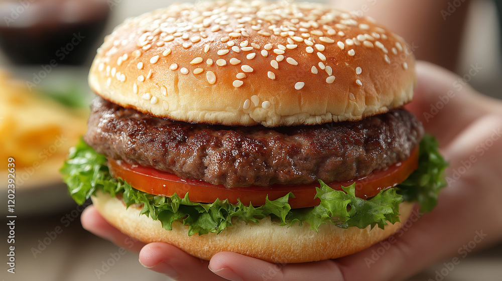female hand holding tasty fresh burger. Homemade hamburger with fresh green lettuce, tomato and red onion female hand holding tasty fresh burger. Homemade hamburger with fresh green lettuce, tomato and red onion