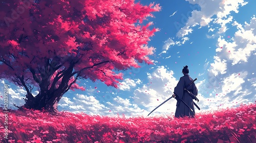 Samurai Stands Beneath a Blossoming Pink Tree