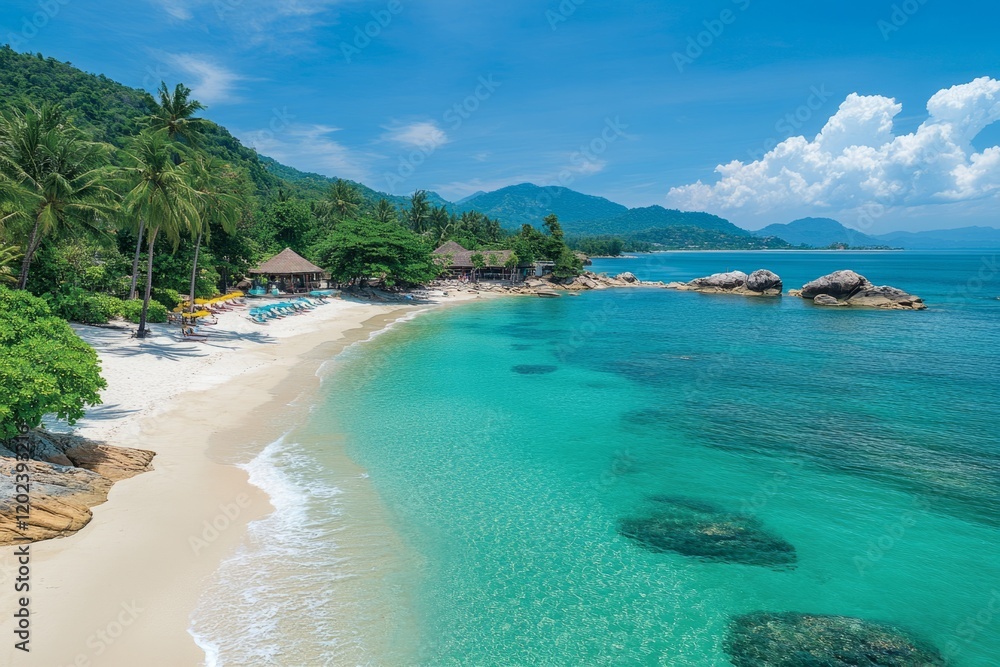 Fototapeta premium Tranquil beach scene with white sand, turquoise water, palm trees, and beach huts, creating a serene tropical paradise