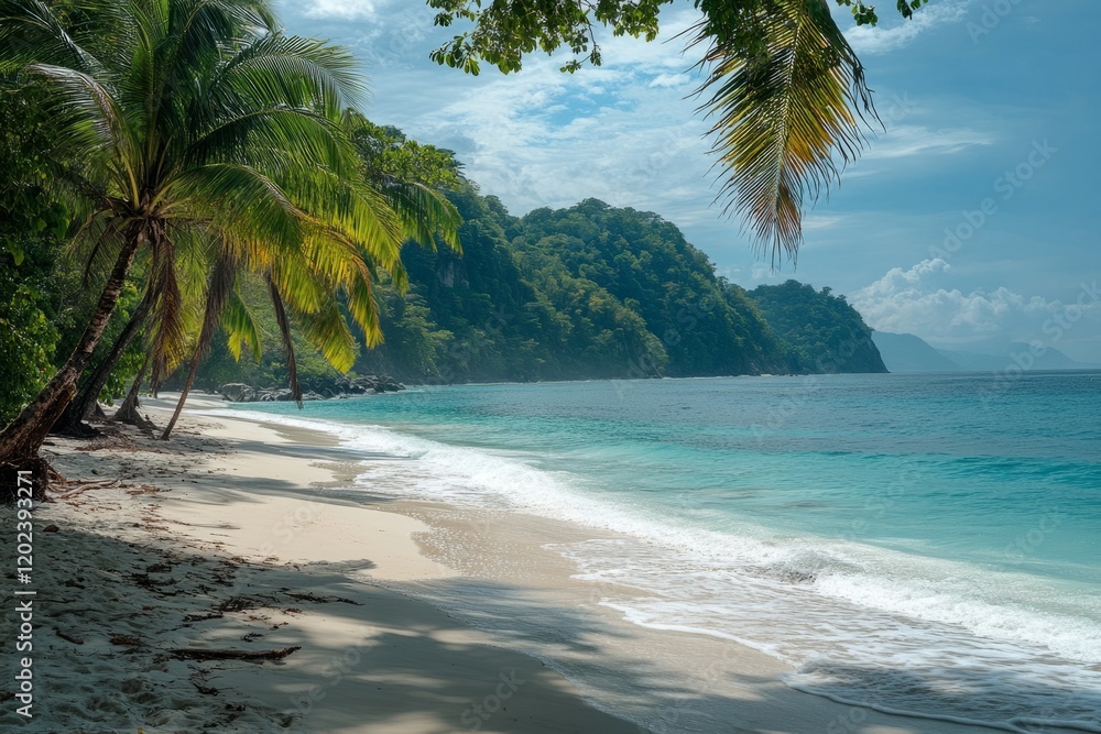 Naklejka premium Palm trees swaying in the breeze on a beautiful tropical beach with white sand and turquoise water gently washing ashore