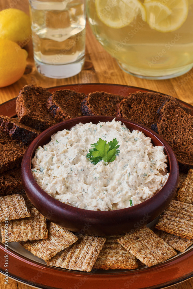 creamy crab dip served with pumpernickel bread and crackers creamy crab dip served with pumpernickel bread and crackers